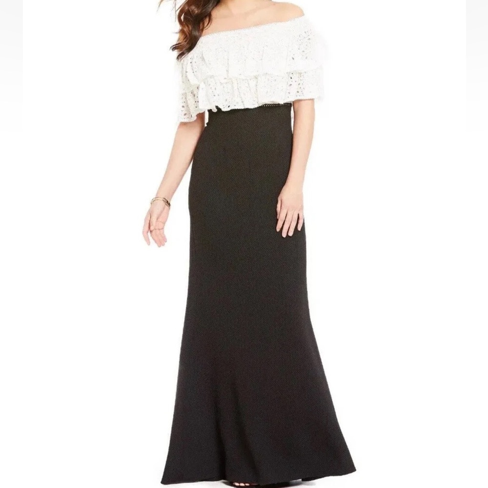 Tadashi Shoji Saki Off-the-Shoulder Eyelet Ruffle Gown Dress Black Tie Formal 16